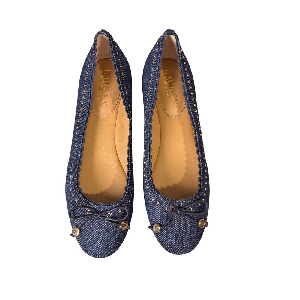 Lauren Ralph Lauren Denim Scalloped Studded Ballet Flats Blue 6B